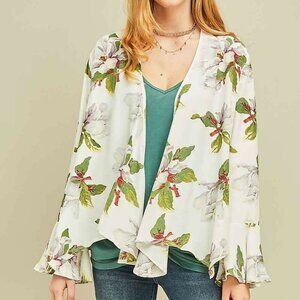 Entro Kimono Magnolia Floral Bell Sleeve Cottage Core Boho Tropical Vacation